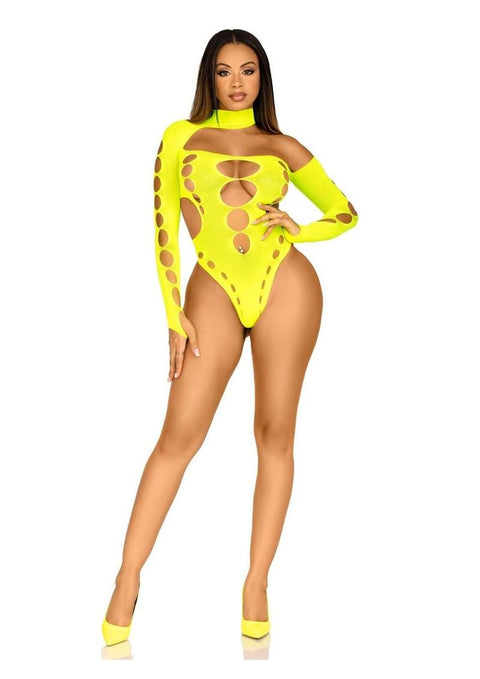 Leg Avenue Seamless Asymmetrical Cut Out Thong Back Bodysuit Neon Yellow